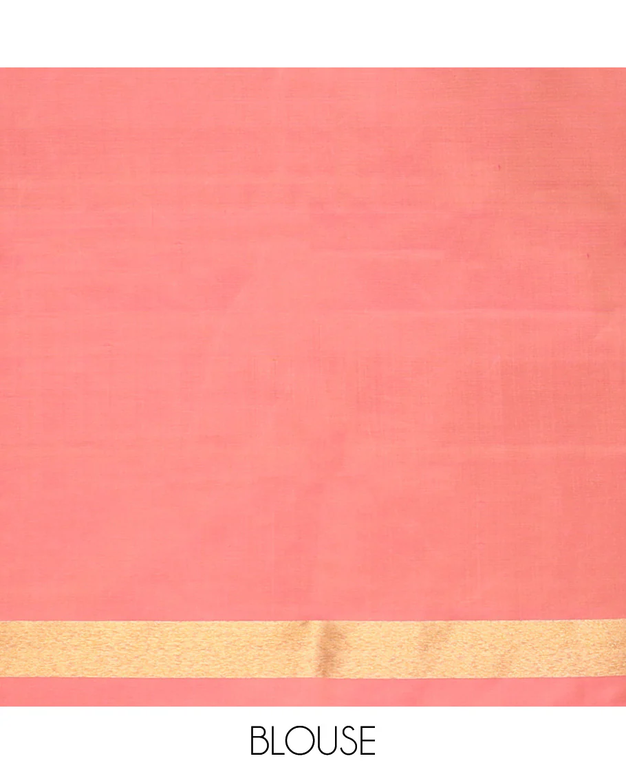 Borderless light sandal and pink half-and-half style Samudrika silk saree with thazampoo rekku design on its border part, and pallu of seppu rekku designs - Image 6