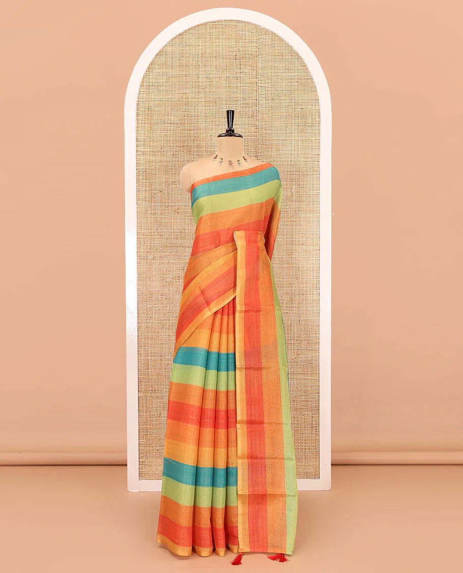 Borderless multi-color rainbow horizontal striped linen cotton saree, self-pallu and horizontal striped blouse - Image 2