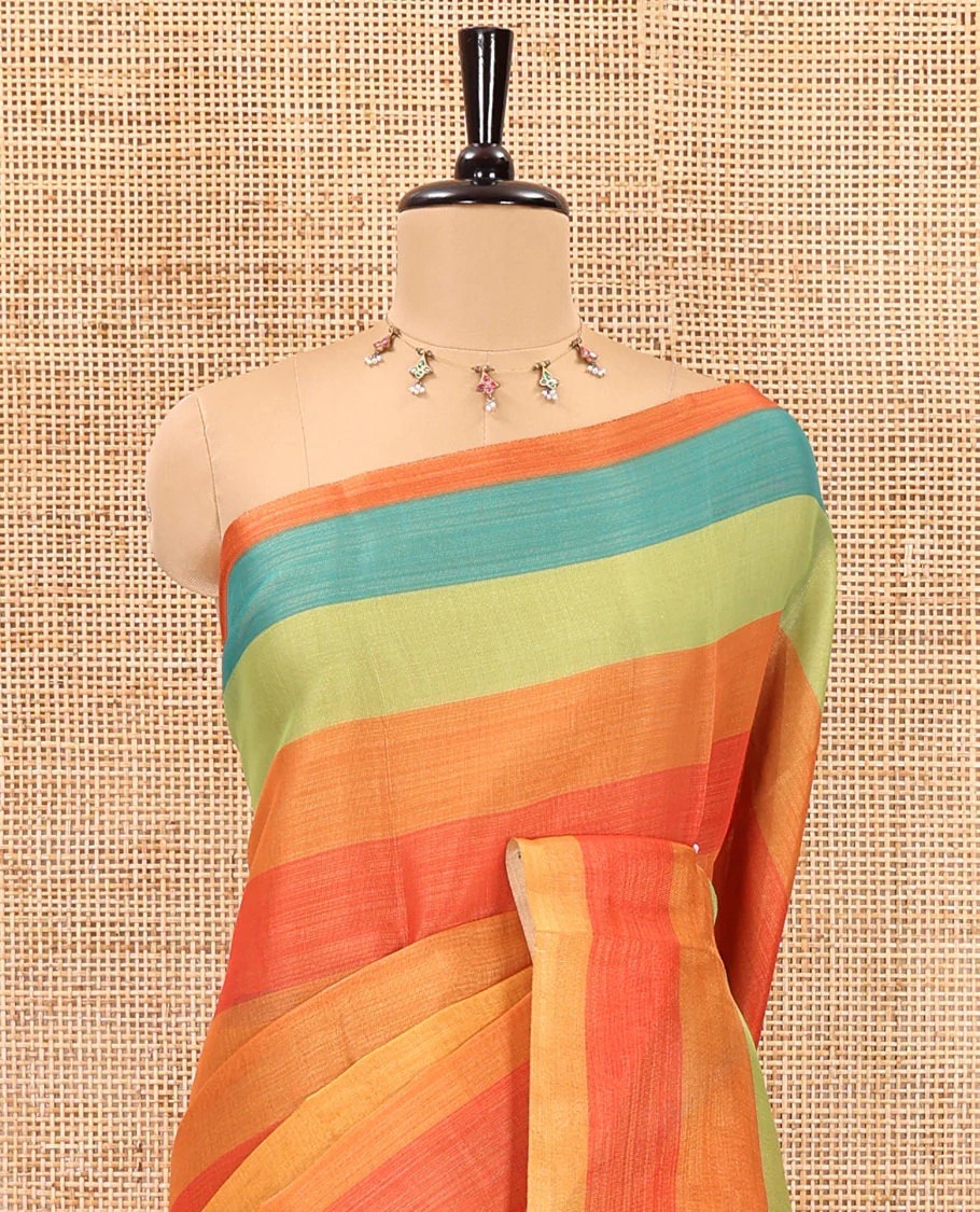 Borderless multi-color rainbow horizontal striped linen cotton saree, self-pallu and horizontal striped blouse - Image 3