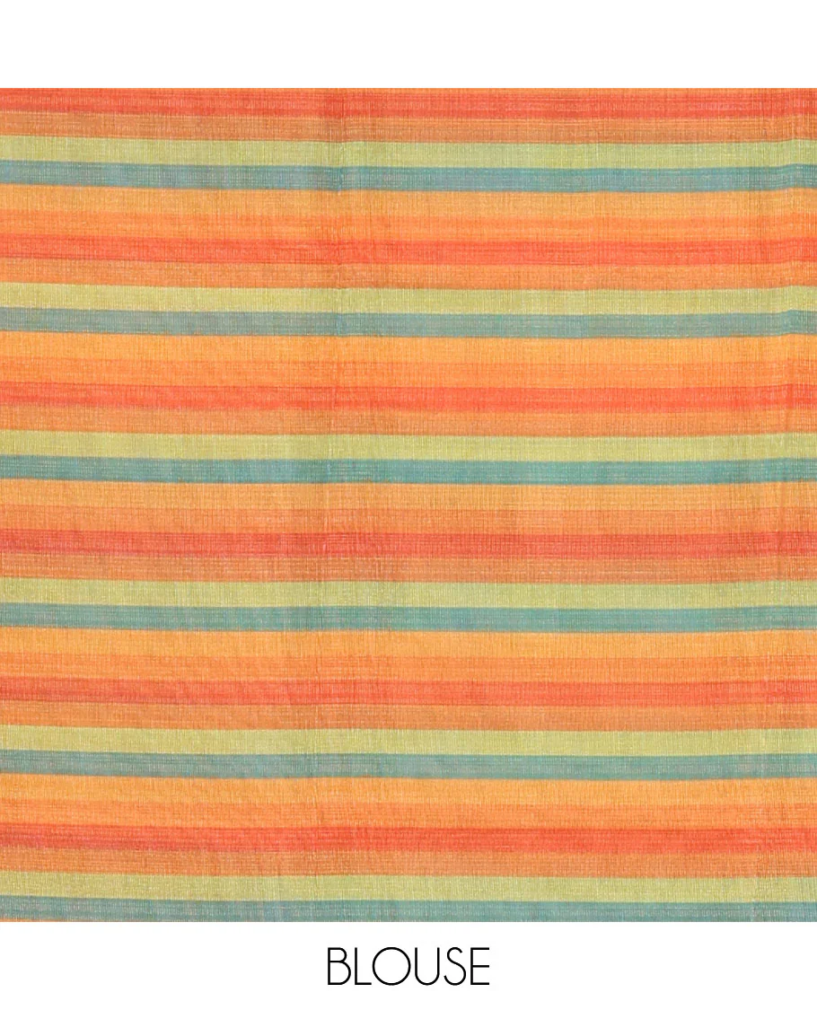 Borderless multi-color rainbow horizontal striped linen cotton saree, self-pallu and horizontal striped blouse - Image 4