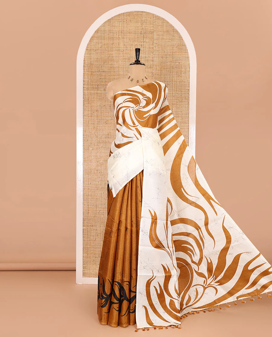 Borderless mustard batik-style abstract printed art khadi cotton saree, batik-style abstract printed pallu and contrast batik printed blouse