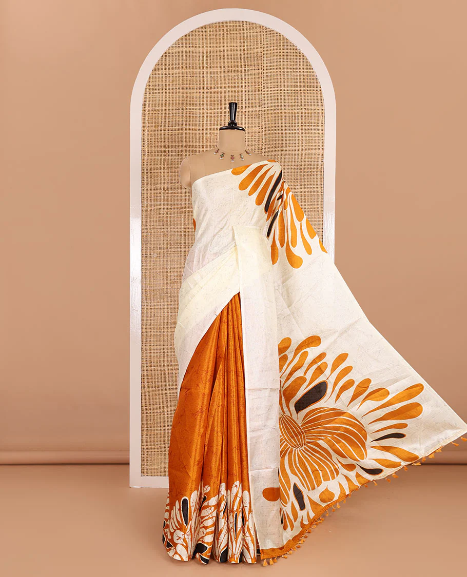 Borderless mustard fancy motifs batik-printed art khadi silk saree, contrast printed pallu, and a printed blouse