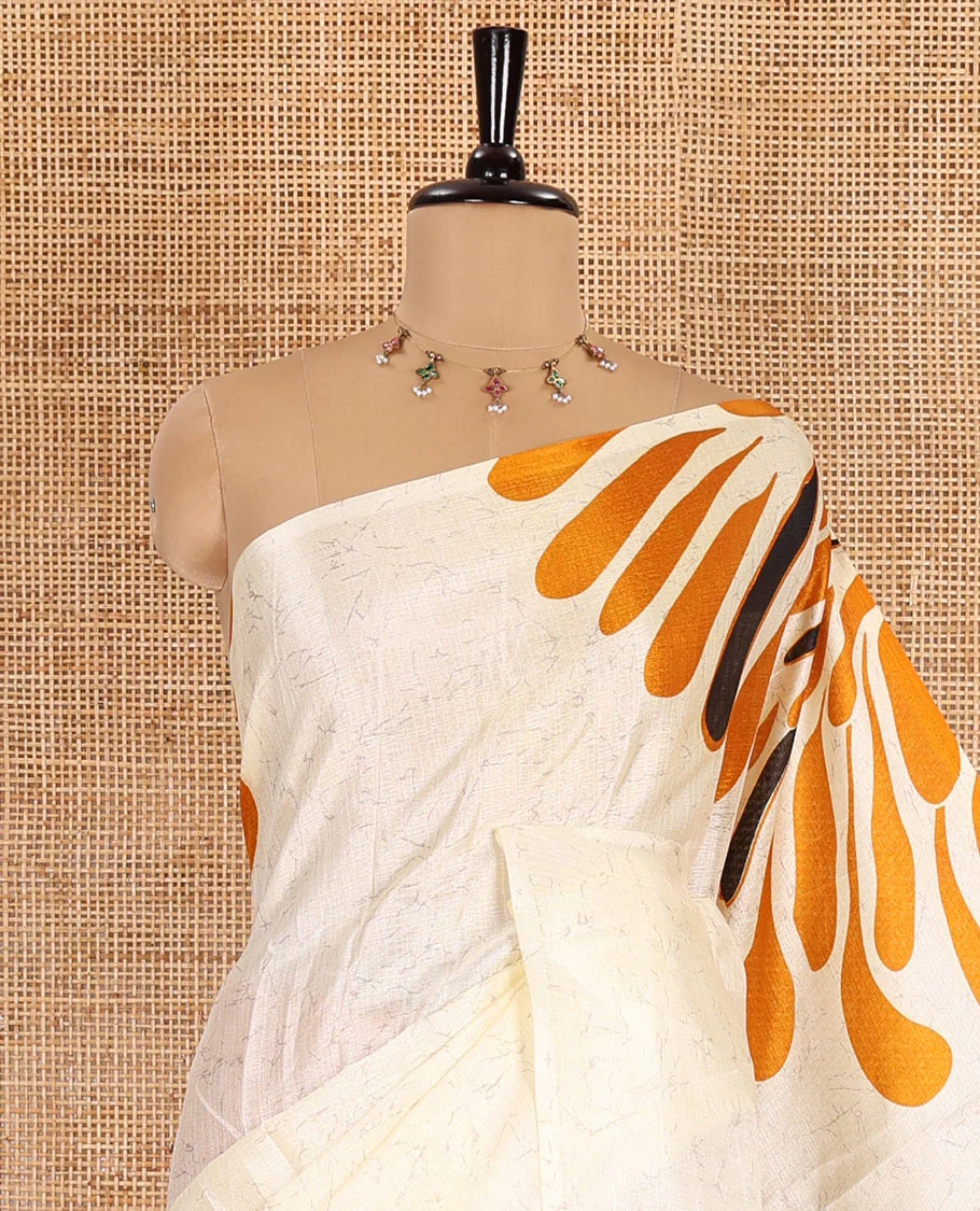 Borderless mustard fancy motifs batik-printed art khadi silk saree, contrast printed pallu, and a printed blouse - Image 2