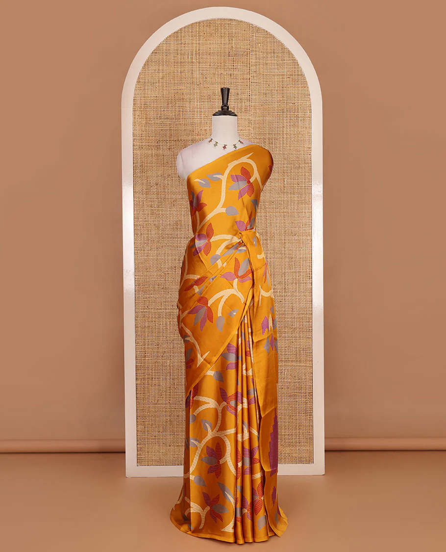 Borderless mustard jamdani weaving design gajji silk saree and jamdani design self pallu along with printed blouse - Image 2