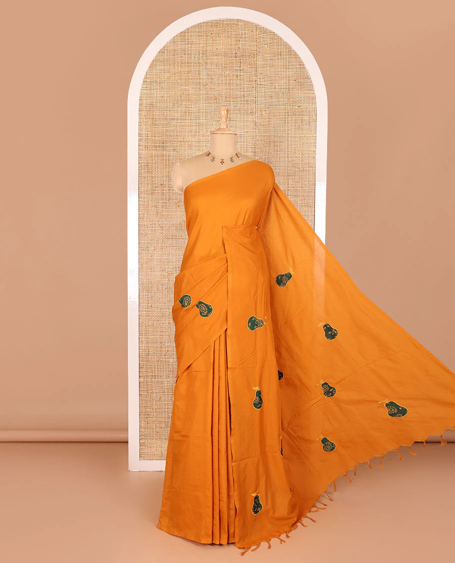 Borderless mustard pear fruit-shaped patchwork South cotton saree with a matching blouse and a contrast paisley vine printed blouse