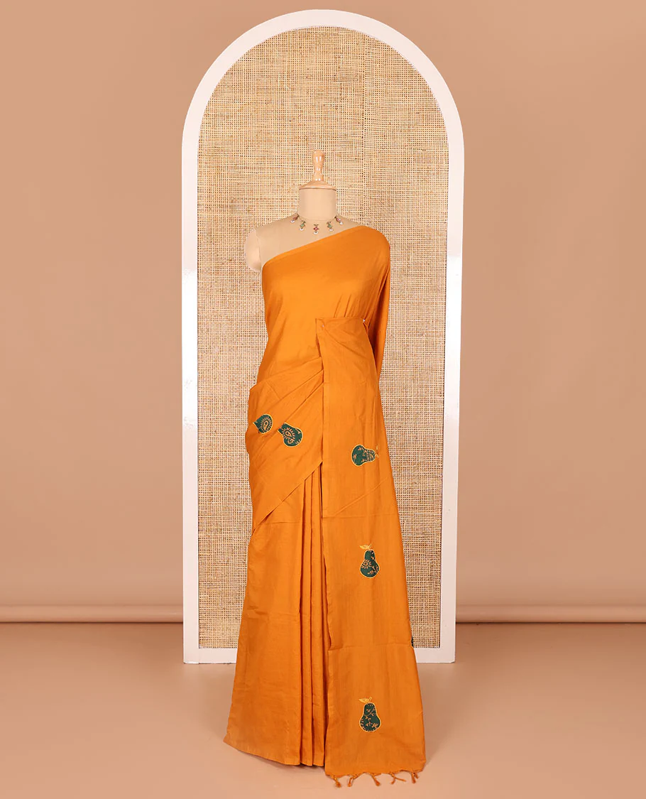 Borderless mustard pear fruit-shaped patchwork South cotton saree with a matching blouse and a contrast paisley vine printed blouse - Image 2