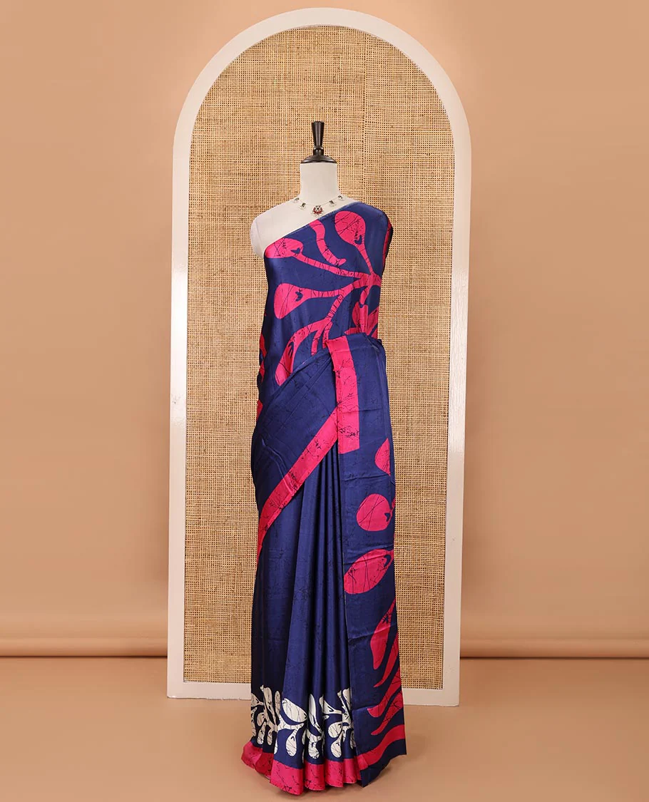 Borderless navy blue batik-style vine printed satin crepe saree, fancy printed self-pallu & batik printed blouse - Image 2