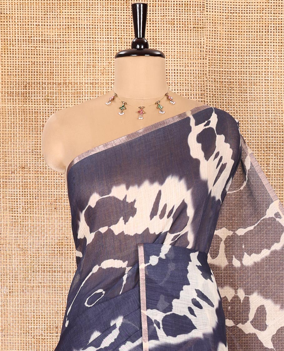 Borderless Navy Blue Linen Cotton Saree Accentuated with Shibori Prints, Complemented by Contrast Pallu Steeped with Floral Vine Print, and Paired with a Contrast Floral Printed Blouse - Image 2