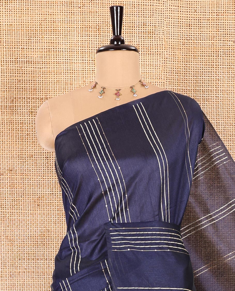 Borderless Navy Blue Semi-Raw Silk Saree Featuring Elegant Vertical Sequin Stripes Running Across the Body, Complemented by a Contrast Thread-Work Pallu and Paired with a Contrast Blouse - Image 2