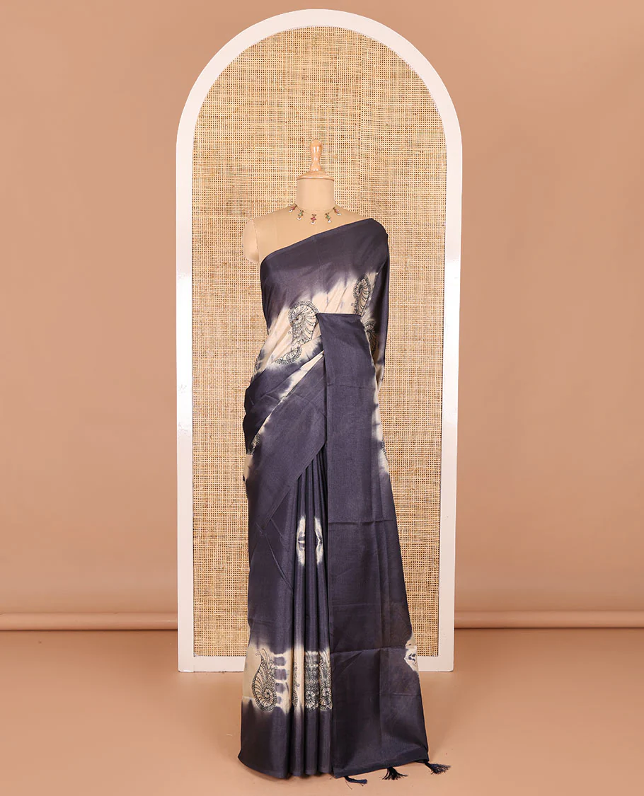 Borderless navy blue shibori printed with shell motifs, blockprinted Manipur tussar saree, shibori printed pallu, and a plain matching blouse - Image 2