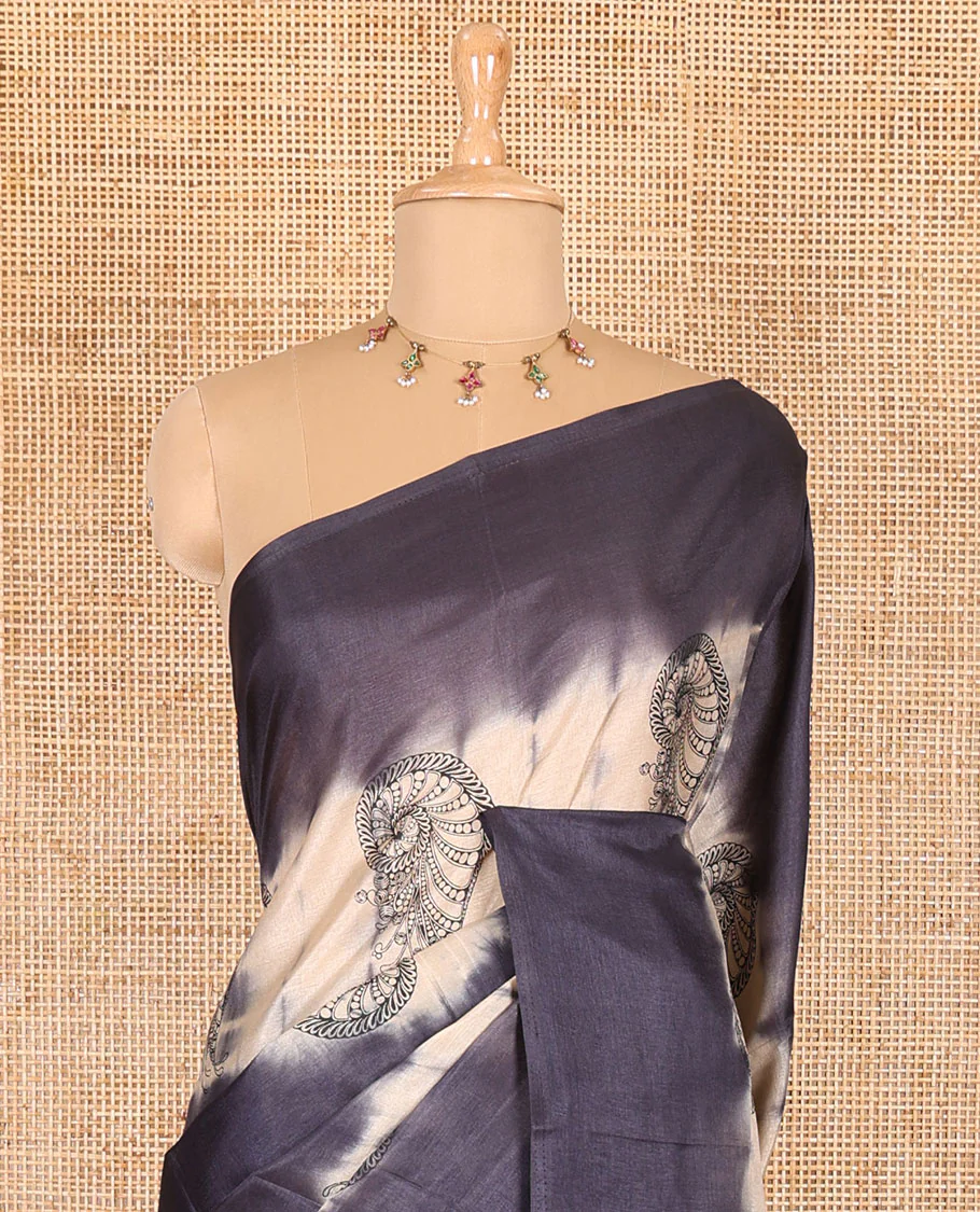 Borderless navy blue shibori printed with shell motifs, blockprinted Manipur tussar saree, shibori printed pallu, and a plain matching blouse - Image 3