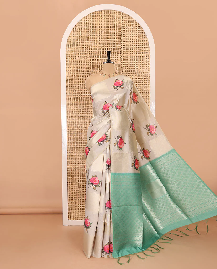 Borderless olive green geometric checks, and floral motifs fancy tussar saree, contrast traditional zari woven pallu, and a contrast zari design blouse - Image 2