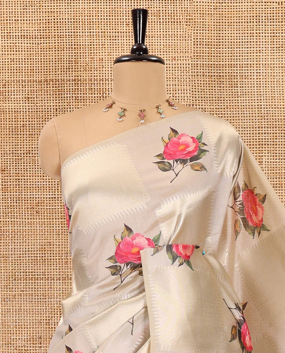 Borderless olive green geometric checks, and floral motifs fancy tussar saree, contrast traditional zari woven pallu, and a contrast zari design blouse - Image 3