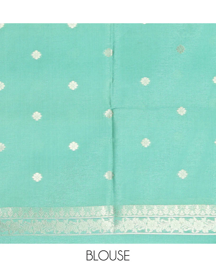 Borderless olive green geometric checks, and floral motifs fancy tussar saree, contrast traditional zari woven pallu, and a contrast zari design blouse - Image 4