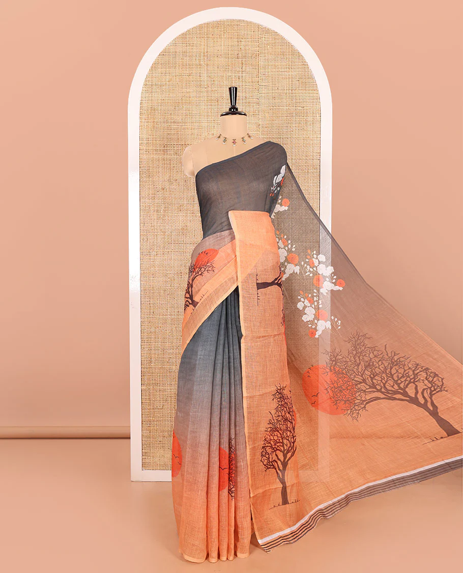 Borderless Orange Linen Cotton Saree Adorned with Nature-Theme Print Featuring the Sun, Trees, and Birds All Over the Saree, Paired with a Striped Blouse