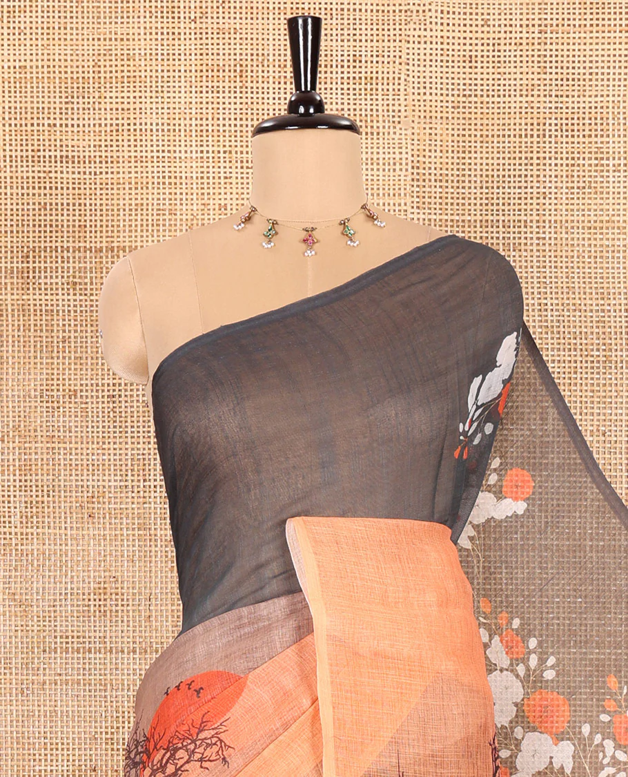 Borderless Orange Linen Cotton Saree Adorned with Nature-Theme Print Featuring the Sun, Trees, and Birds All Over the Saree, Paired with a Striped Blouse - Image 2