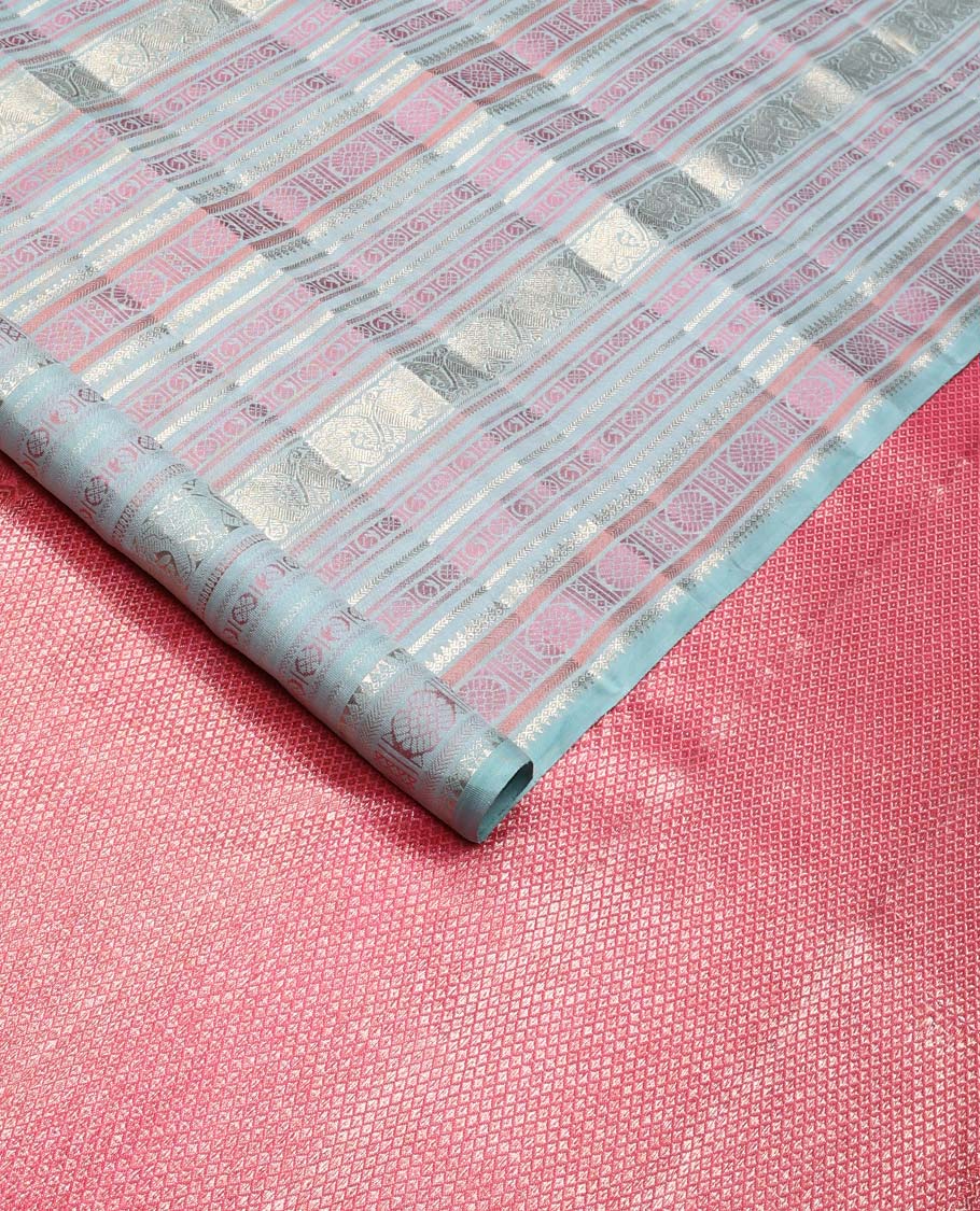 Borderless pastel blue traditional motifs steeped Kanchipuram silk saree, contrast pallu of mayil kann designs - Image 2