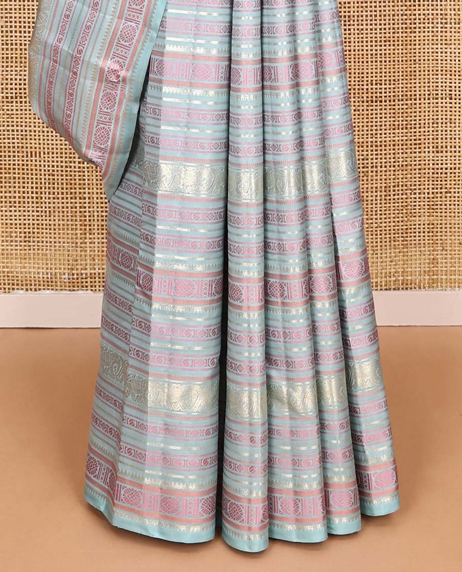Borderless pastel blue traditional motifs steeped Kanchipuram silk saree, contrast pallu of mayil kann designs - Image 5