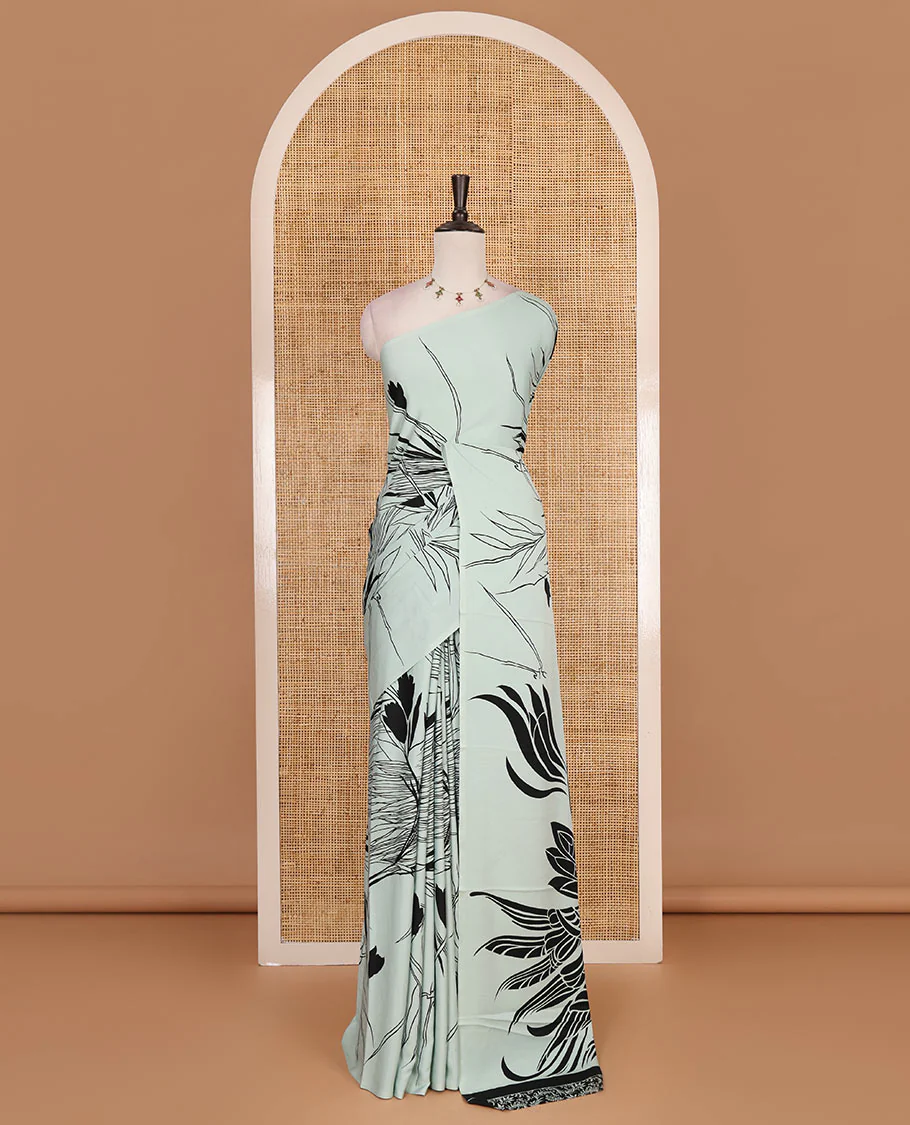 Borderless pastel green feather like floral motifs printed satin crepe saree, floral vine printed blouse - Image 2