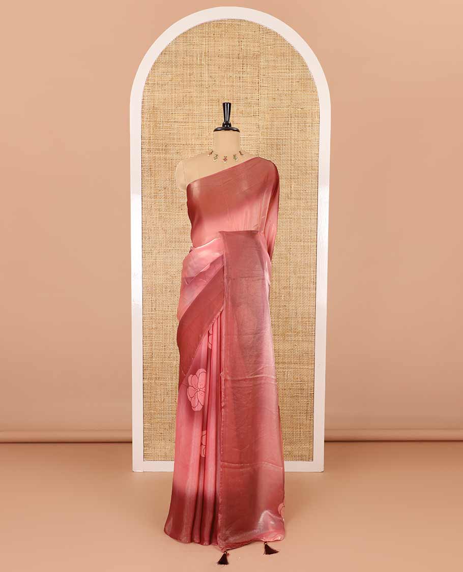 Borderless peach floral motifs printed fendy satin saree with a self-pallu and a matching blouse - Image 2