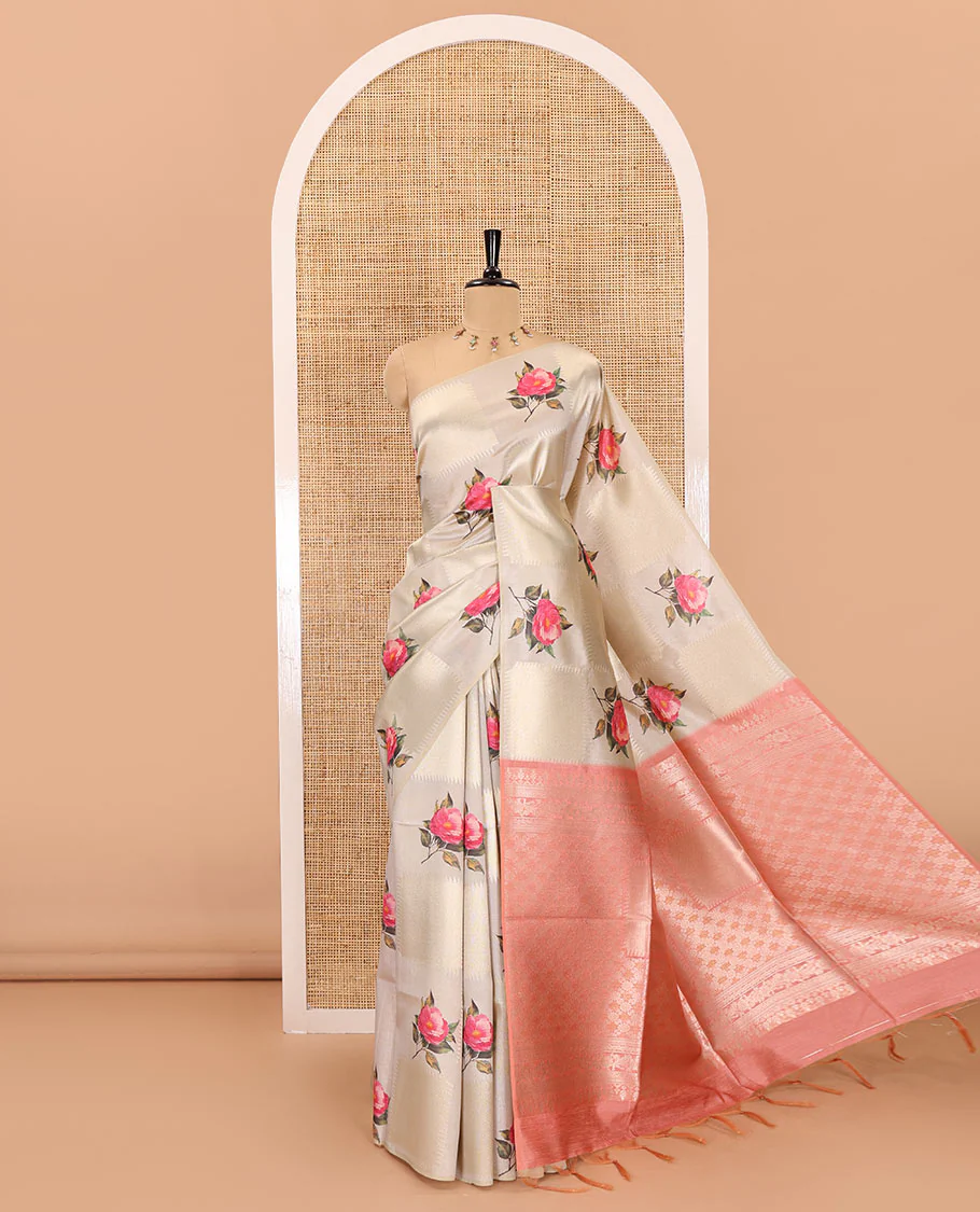 Borderless peach geometric checks, and floral motifs fancy tussar saree, contrast traditional zari woven pallu, and a contrast zari design blouse