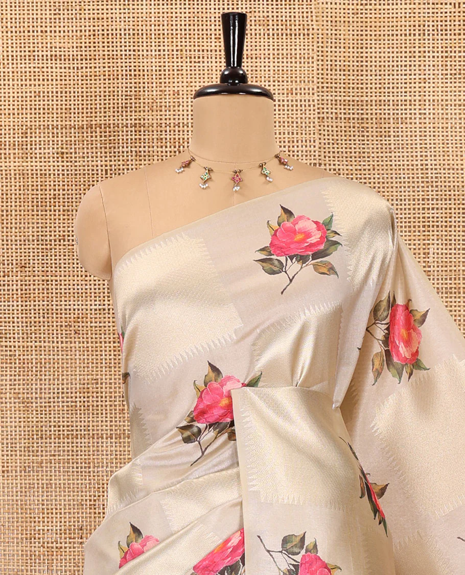 Borderless peach geometric checks, and floral motifs fancy tussar saree, contrast traditional zari woven pallu, and a contrast zari design blouse - Image 2