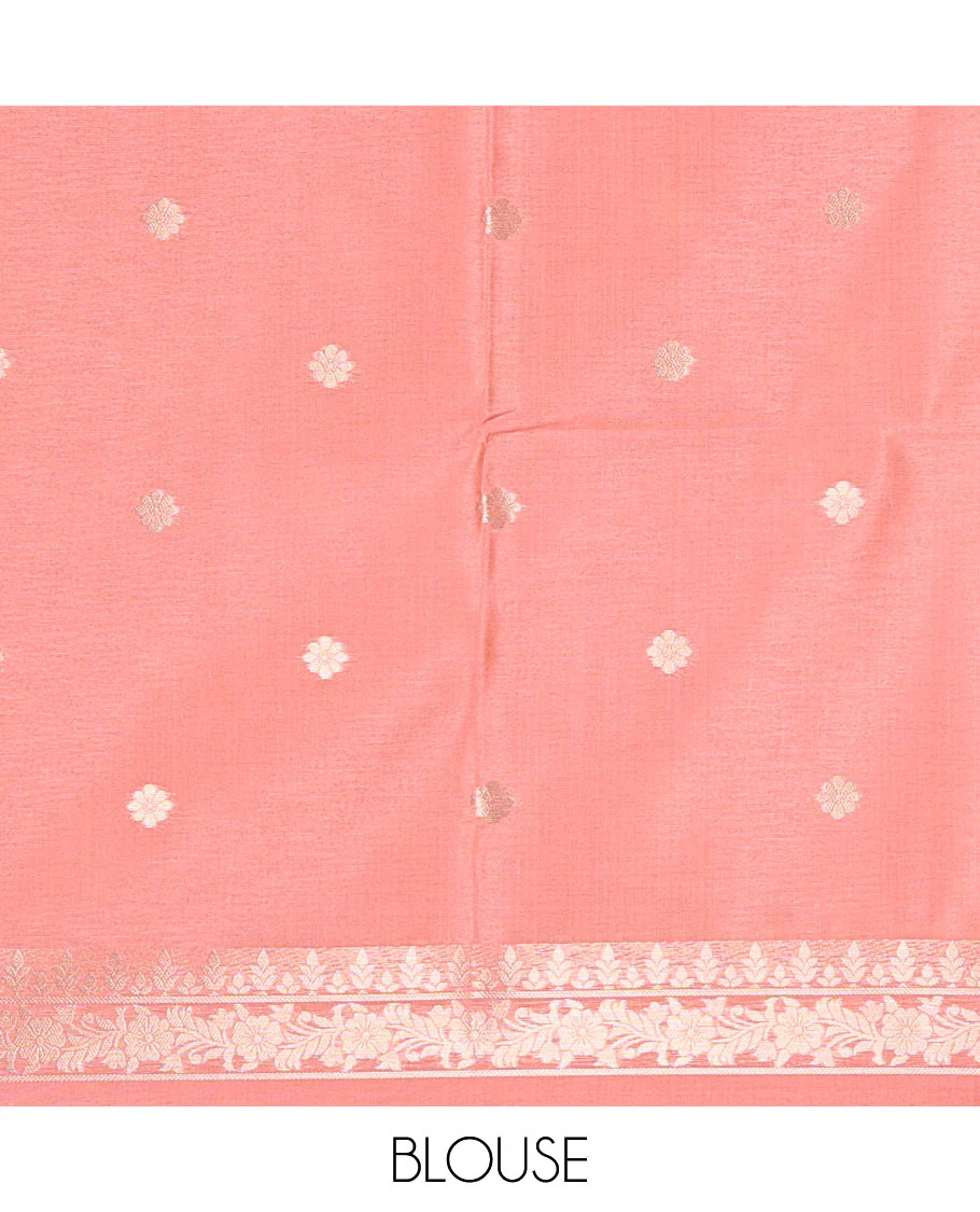 Borderless peach geometric checks, and floral motifs fancy tussar saree, contrast traditional zari woven pallu, and a contrast zari design blouse - Image 3