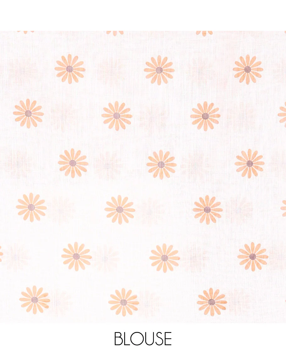 Borderless Peach Linen Saree Beautified with Big Daisy Flower Motifs Printed All Over the Body and Pallu, Complemented by a Contrast Blouse Printed with Daisy Flower Motifs - Image 3