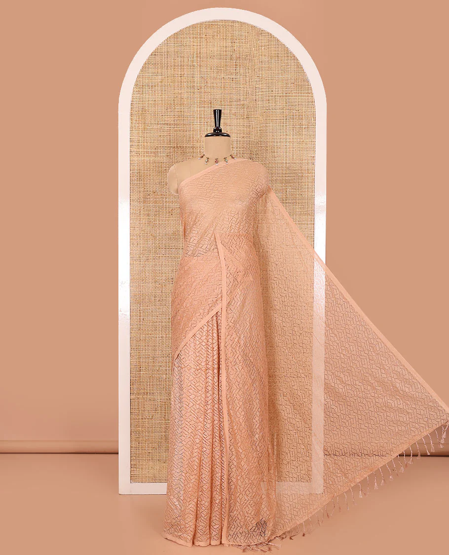 Borderless peach sparkling glittered russel net saree, self-pallu and a floral print with zig-zag embroidered blouse