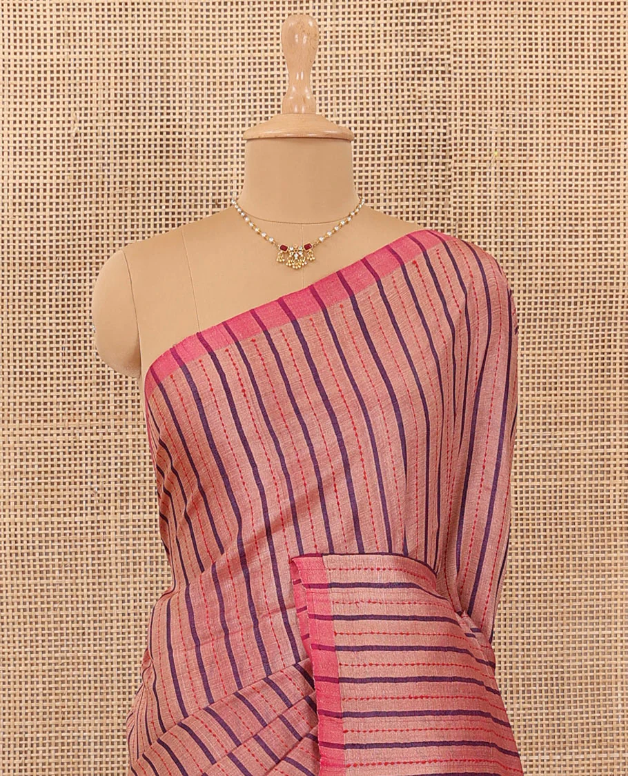 Borderless peach striped tussar silk saree, contrast plain pallu - Image 3