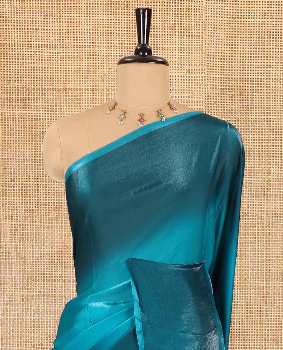 Borderless peacock green floral motifs printed fendy satin saree with a self-pallu and a matching blouse - Image 3