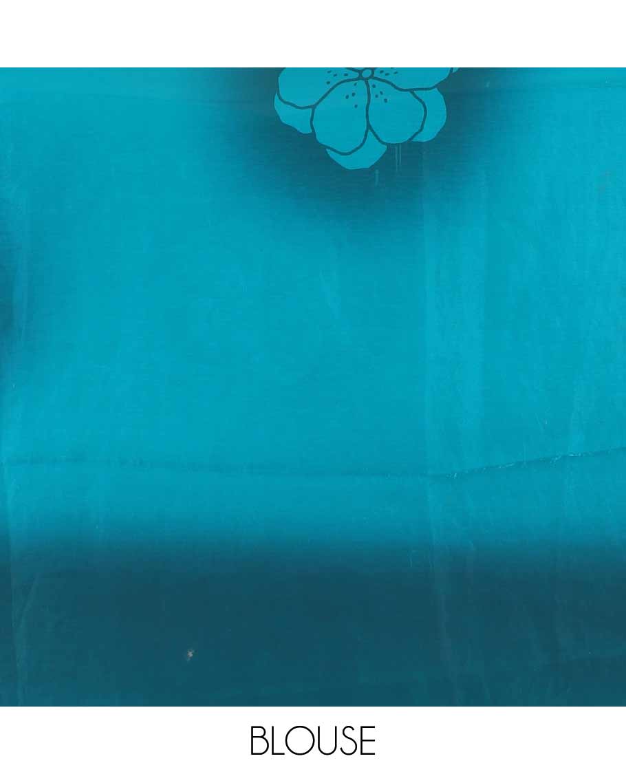 Borderless peacock green floral motifs printed fendy satin saree with a self-pallu and a matching blouse - Image 4