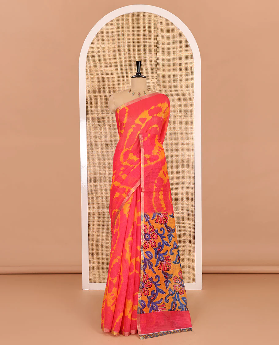 Borderless pink big circle shibori printed linen cotton saree, contrast sanganeri floral block printed pallu, and a contrast printed blouse - Image 2