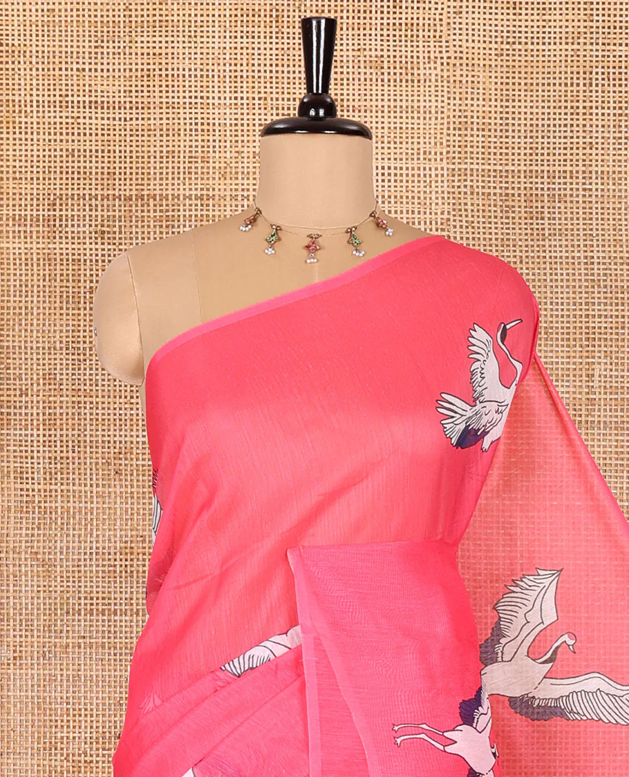 Borderless pink crane motifs printed linen cotton saree, crane motifs printed pallu, and a contrast crane printed blouse - Image 2