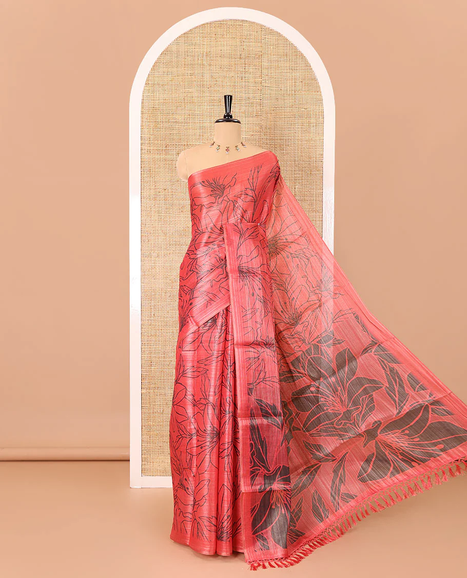 Borderless pink floral motifs printed tissue silk saree with floral printed pallu, and a contrast plain blouse