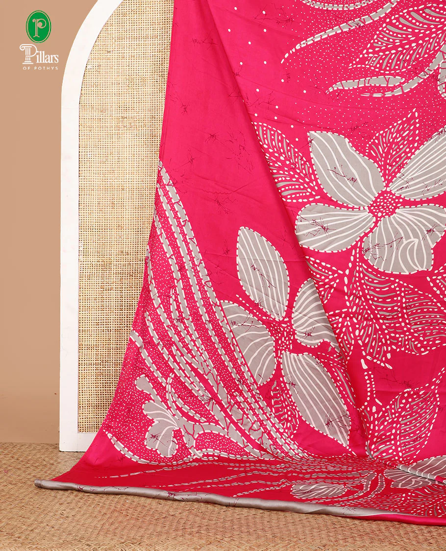 Borderless pink half-and-half model satin saree with batik-style big floral motifs digital printed body and pallu - Image 2