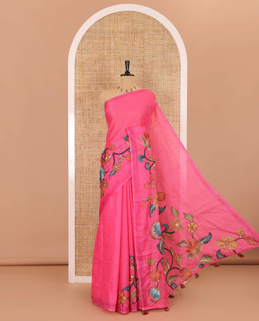 Borderless pink kalamkari floral vine printed with French knot and kanta embroidered kotta silk saree, printed and French knot embroidered matching blouse
