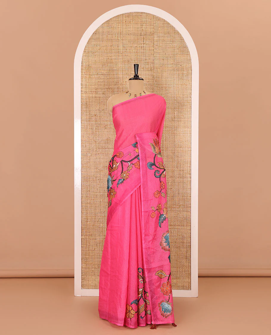 Borderless pink kalamkari floral vine printed with French knot and kanta embroidered kotta silk saree, printed and French knot embroidered matching blouse - Image 2