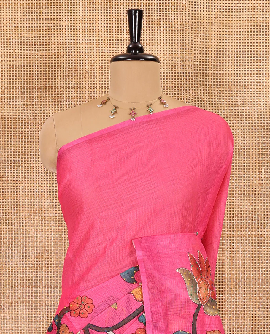 Borderless pink kalamkari floral vine printed with French knot and kanta embroidered kotta silk saree, printed and French knot embroidered matching blouse - Image 3
