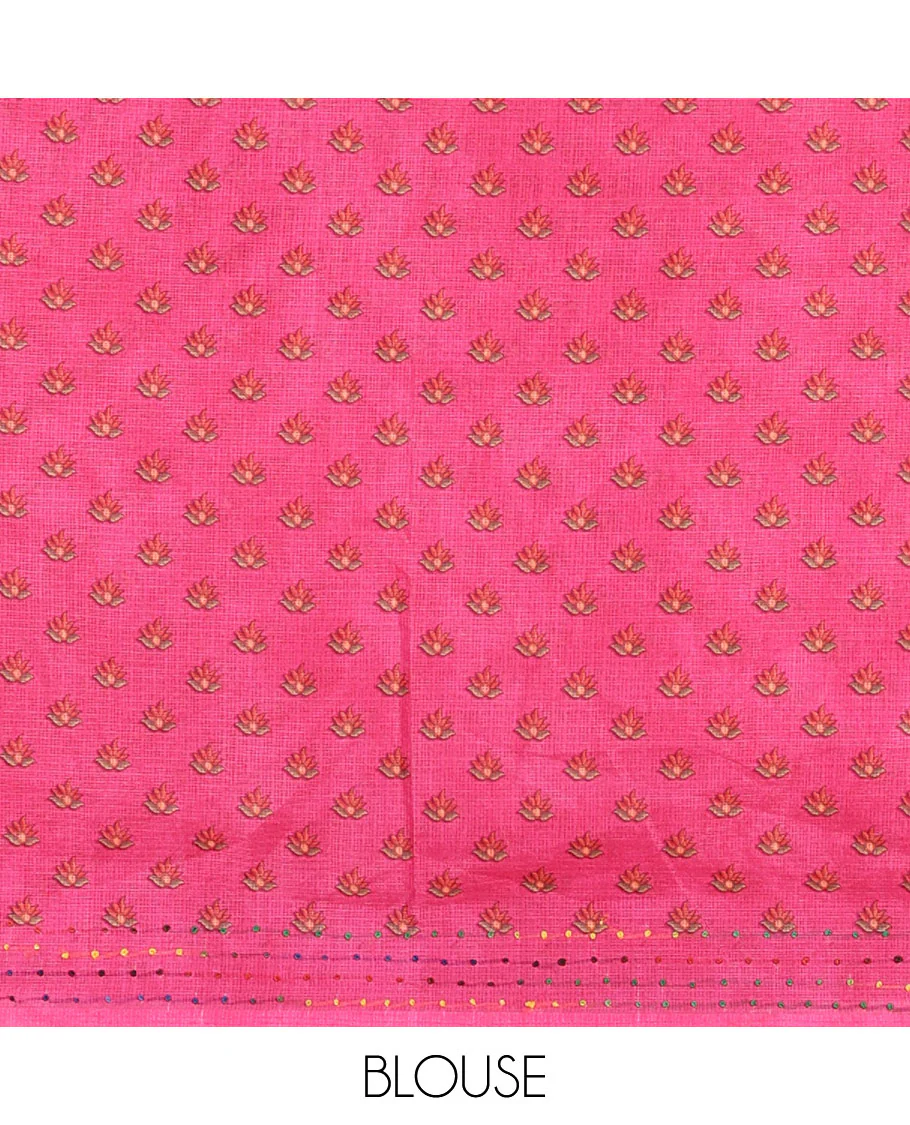 Borderless pink kalamkari floral vine printed with French knot and kanta embroidered kotta silk saree, printed and French knot embroidered matching blouse - Image 4