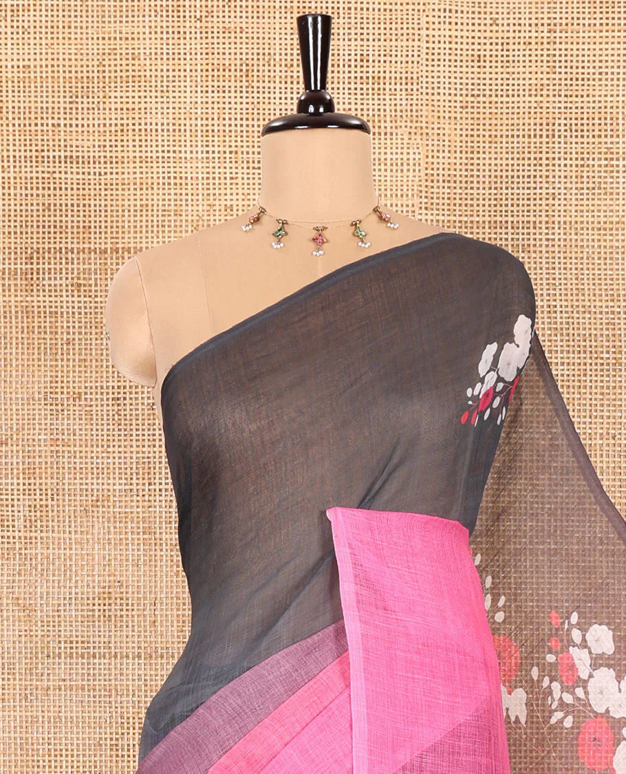 Borderless Pink Linen Cotton Saree Elevated with Nature-Theme Print Featuring the Sun, Trees, and Birds All Over the Saree, Paired with a Striped Blouse - Image 2