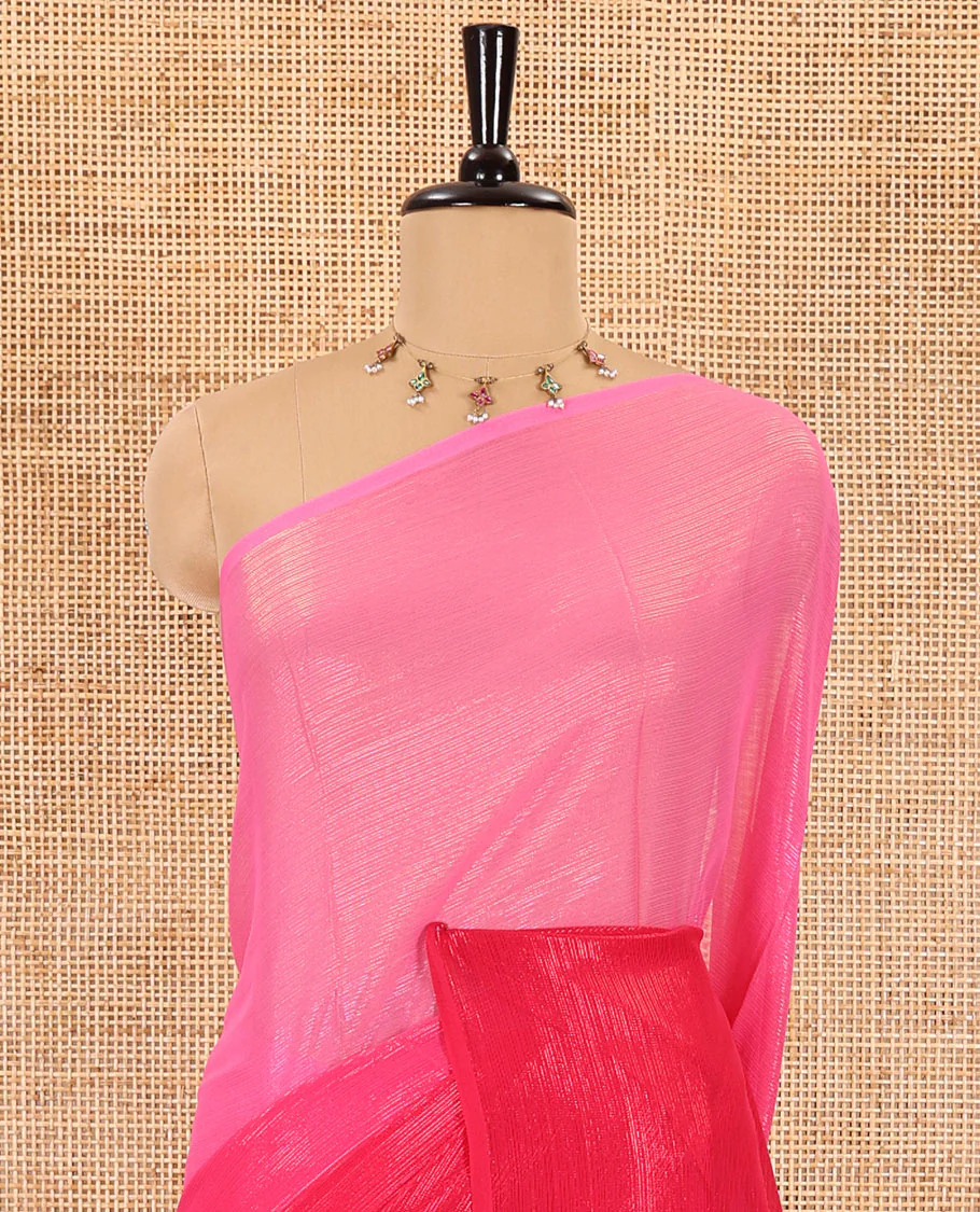 Borderless pink ombre-toned gleaming Shimmer Georgette saree, self-pallu with tassels and a plain pink blouse - Image 3