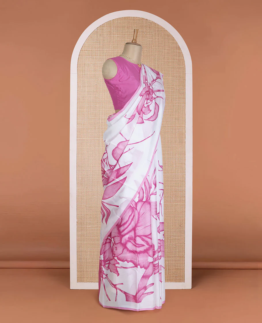 Borderless white-pink floral vine motifs printed silk saree, floral printed pallu