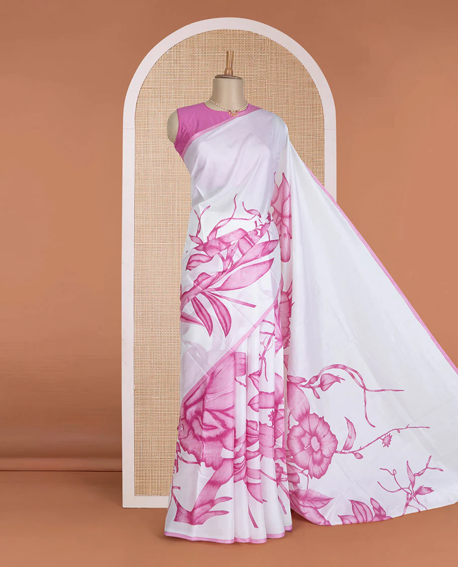 Borderless white-pink floral vine motifs printed silk saree, floral printed pallu - Image 2