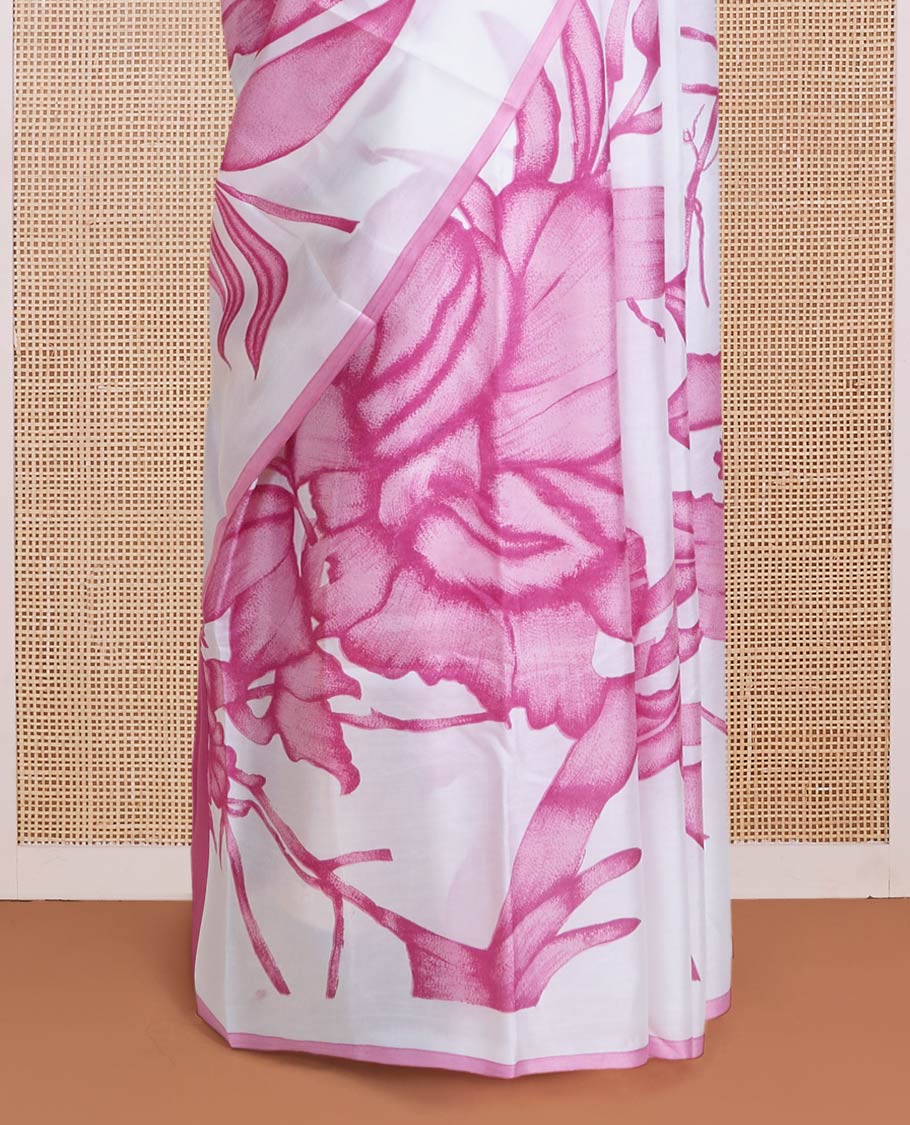 Borderless white-pink floral vine motifs printed silk saree, floral printed pallu - Image 3