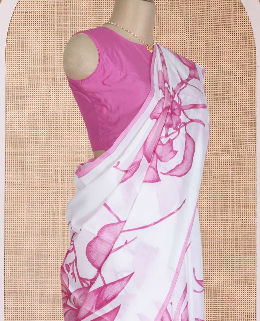 Borderless white-pink floral vine motifs printed silk saree, floral printed pallu - Image 4