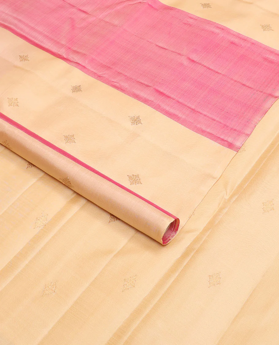 Borderless pink & sandal striped Kanchipuram silk saree with zari buttas, self-pallu of zari buttas - Image 2