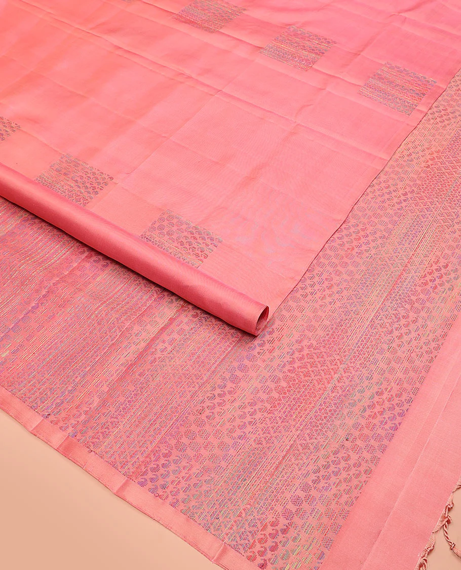 Borderless pink Mayuri soft silk saree features manga and rudraksham motifs, and self-pallu steeped with manga and rudraksham motifs - Image 2