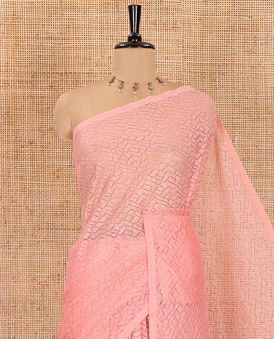 Borderless pink sparkling glittered russel net saree, self-pallu and a floral print with zig-zag embroidered blouse - Image 2