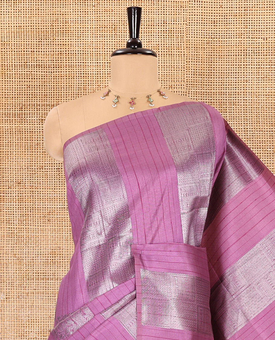 Borderless, pink striped, and zari traditional kanchi motifs fancy tussar saree, intricately zari-woven pallu, and a matching zari buttas woven blouse - Image 2